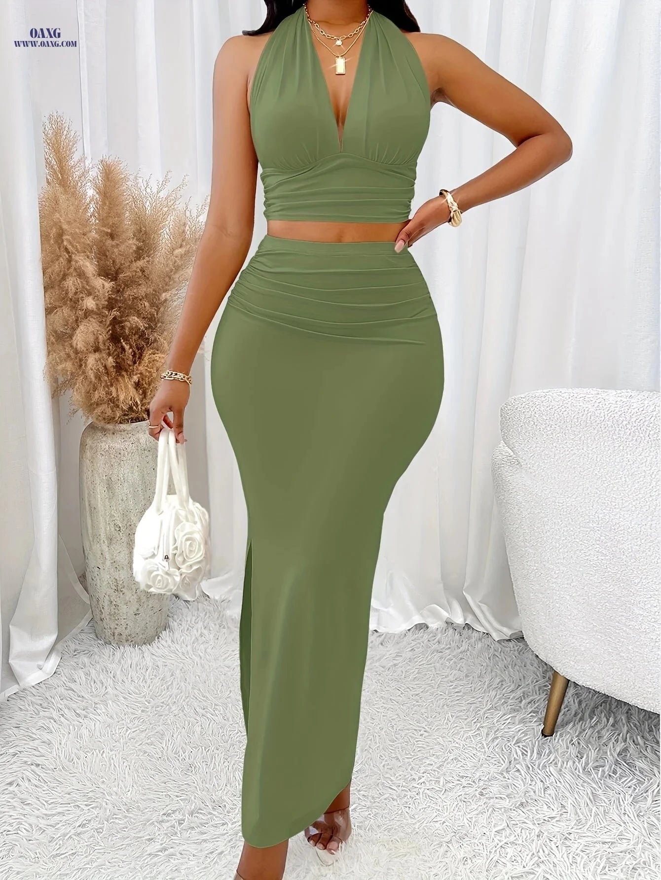 Women's Elegant V-Neck Halter Top & Skirt Set - Spring Fashion   OAXG 