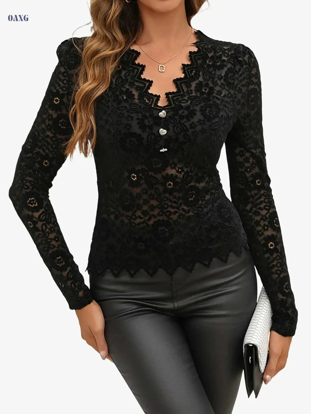 Women's Elegant V-Neck Lace Blouse - Semi-Sheer Floral & Geometric   OAXG White / S