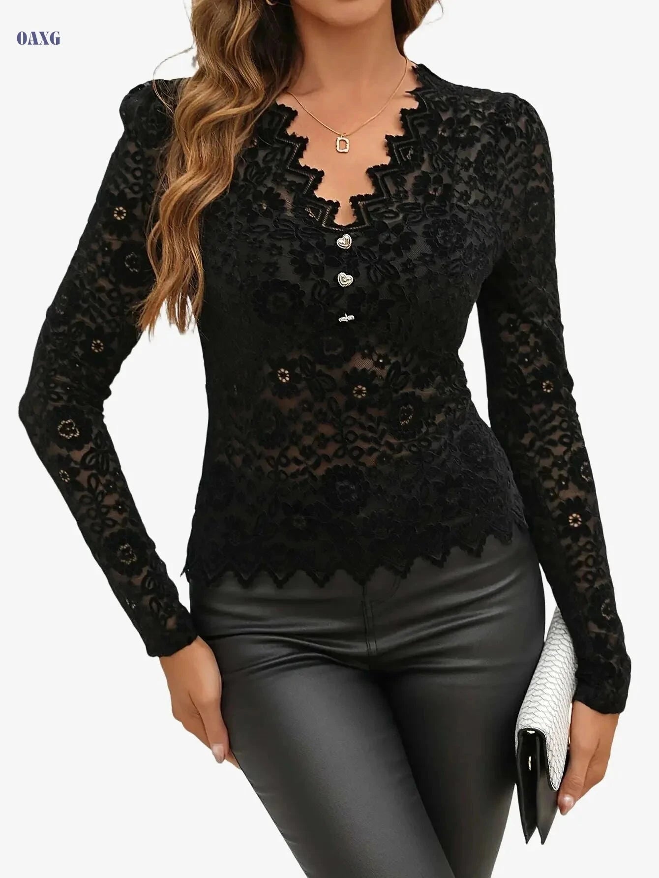 Women's Elegant V-Neck Lace Blouse - Semi-Sheer Floral & Geometric   OAXG White / S