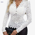 Women's Elegant V-Neck Lace Blouse - Semi-Sheer Floral & Geometric   OAXG White / S