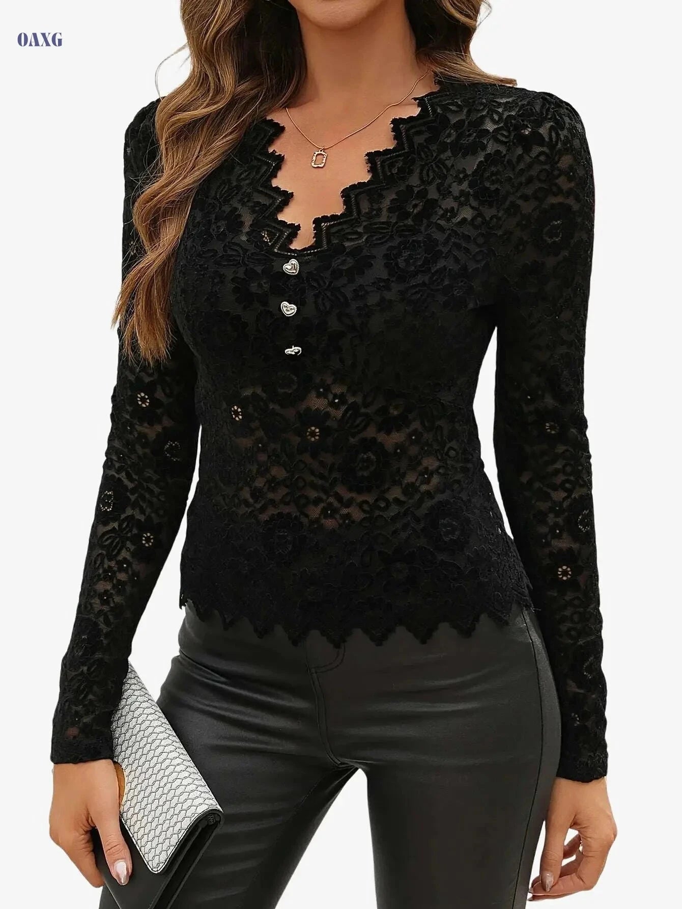 Women's Elegant V-Neck Lace Blouse - Semi-Sheer Floral & Geometric   OAXG White / S