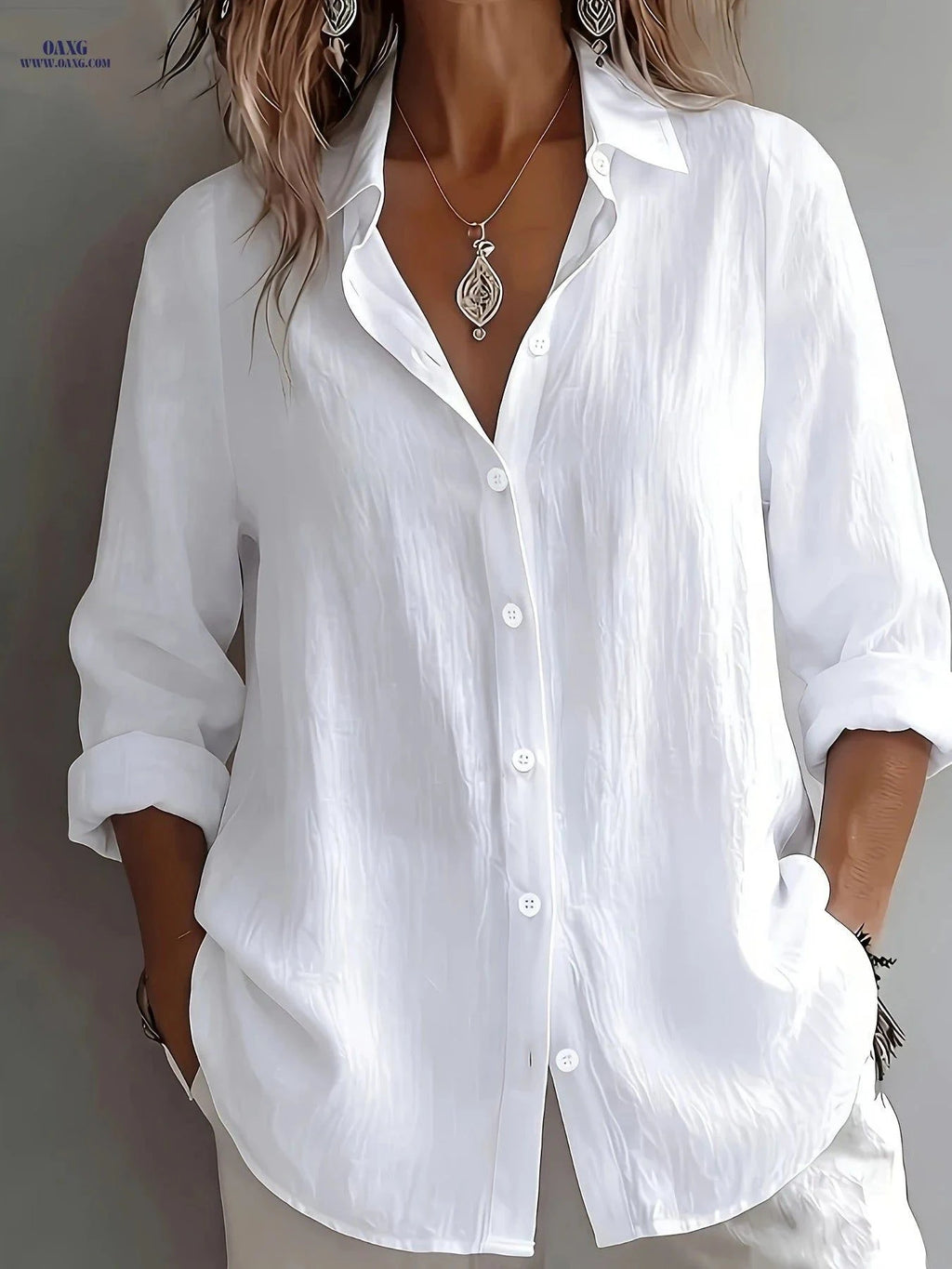Women's Elegant V-Neck Linen Top - Loose Fit, Breathable Casual Shirt   OAXG Green / S