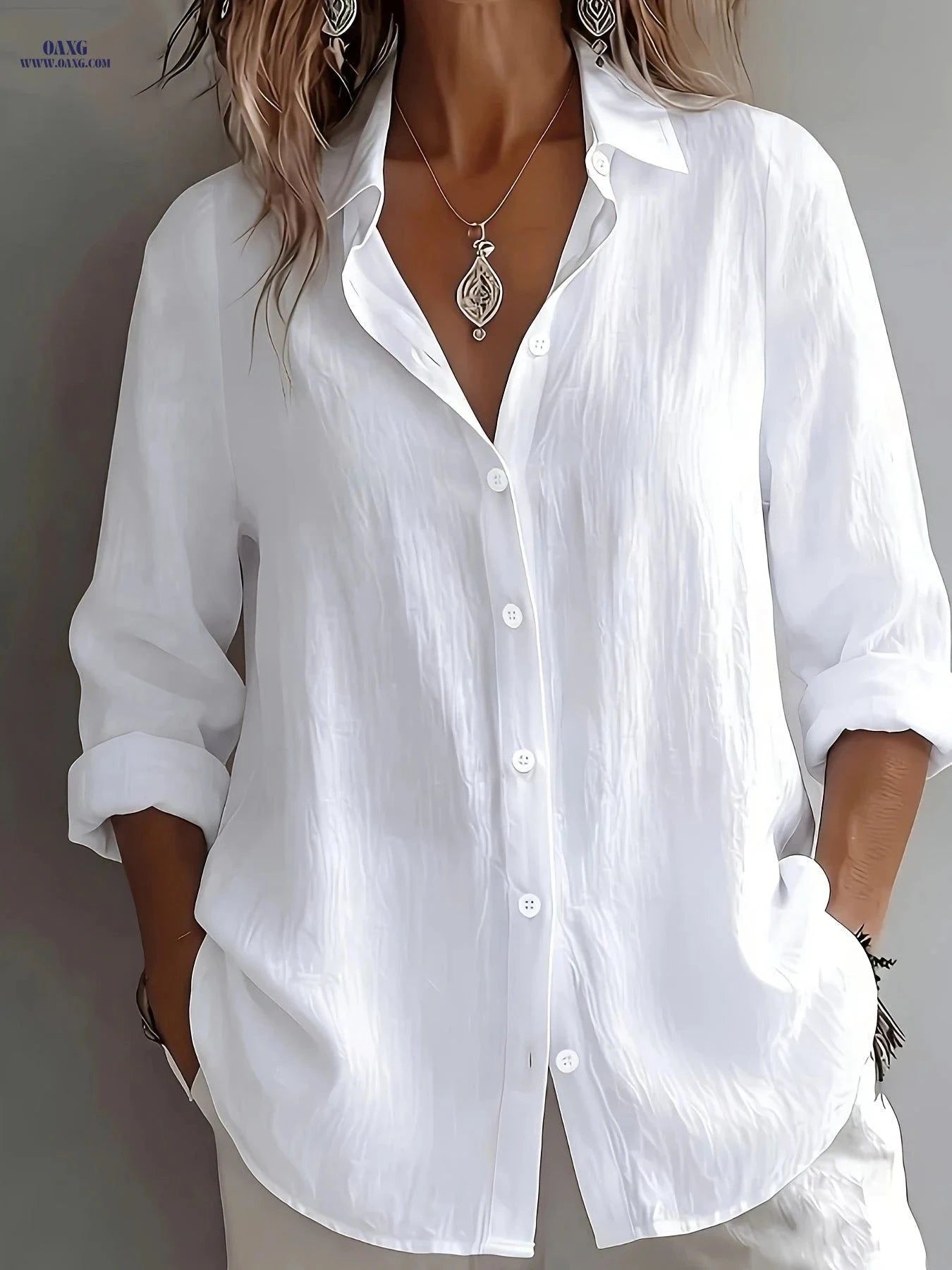 Women's Elegant V-Neck Linen Top - Loose Fit, Breathable Casual Shirt   OAXG Green / S