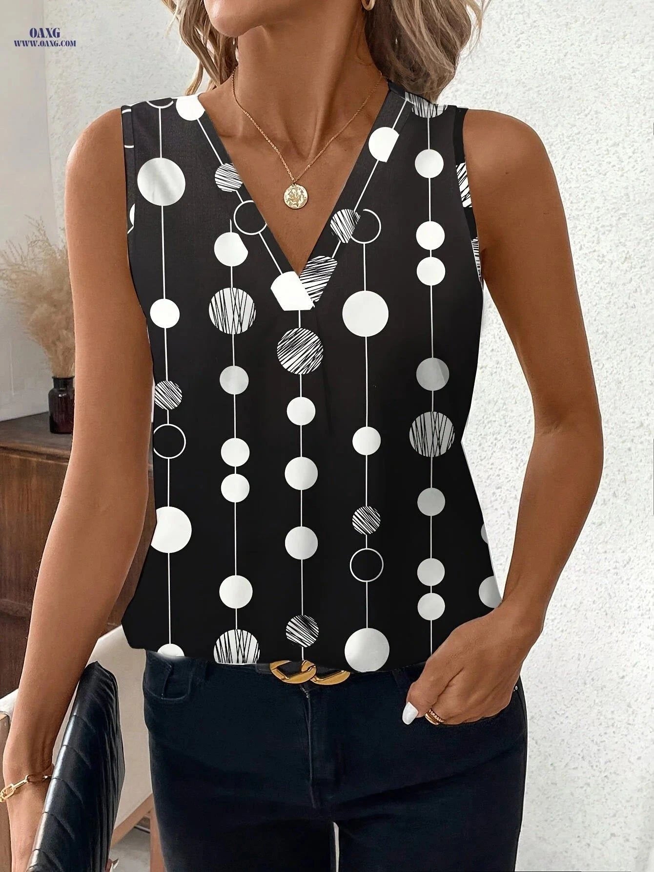 Women's Elegant V-Neck Polka Dot Blouse - Casual Summer Style   OAXG Burgundy / S
