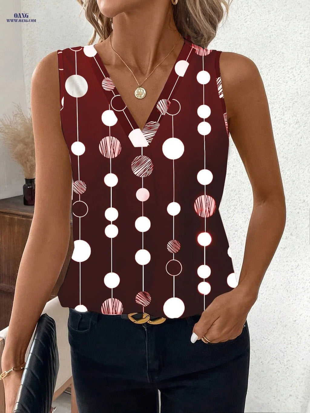 Women's Elegant V-Neck Polka Dot Blouse - Casual Summer Style   OAXG Burgundy / S