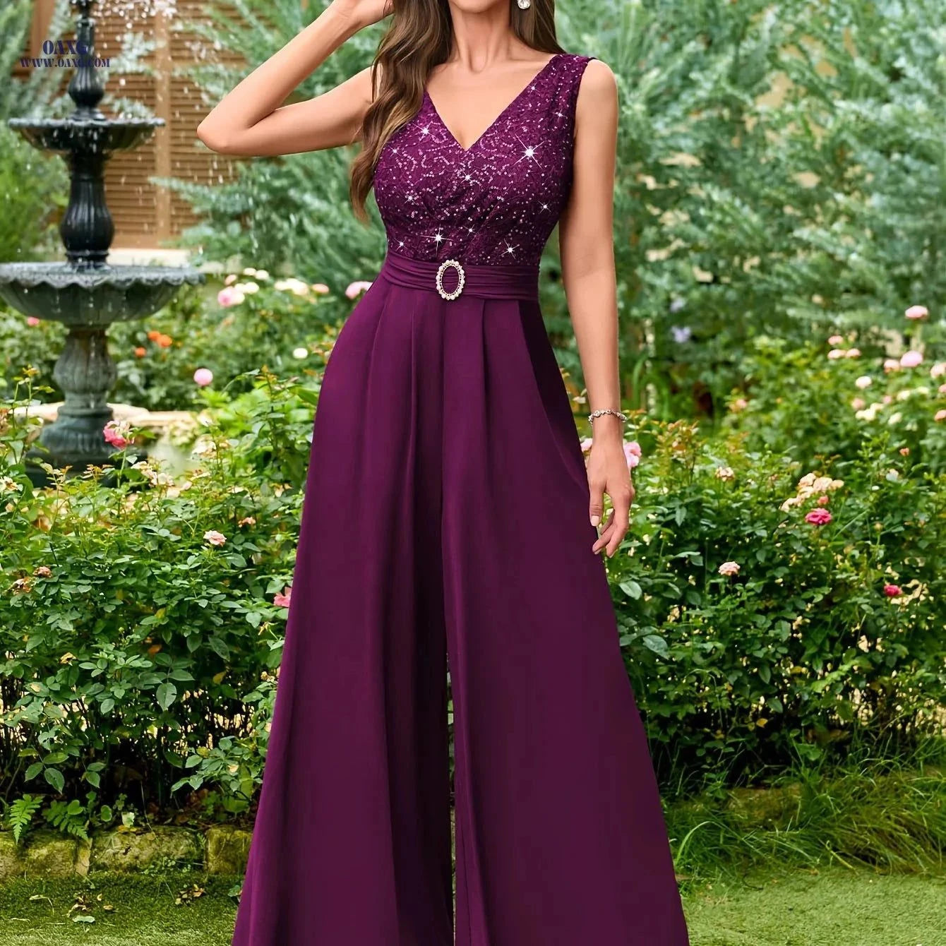 Women's Elegant V-Neck Sequin Lace Wide-Leg Jumpsuit - Formal Dress   OAXG Navy Blue / S