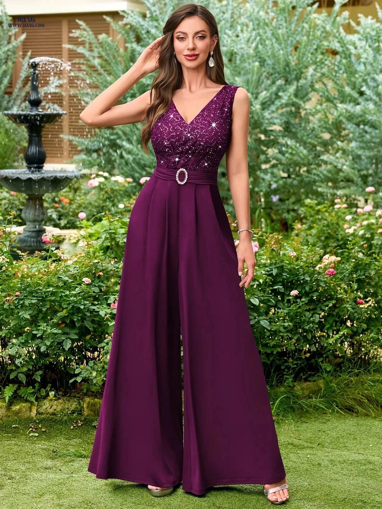 Women's Elegant V-Neck Sequin Lace Wide-Leg Jumpsuit - Formal Dress   OAXG Navy Blue / S