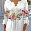 Women's Elegant V-Neck Short-Sleeve Blouse - Stretchable Floral Print Button-Front T-Shirt with Wrinkle Detail, Casual to Dressy Top, Machine Washable for Spring Summer Fall Winter Wear   OAXG White / XS
