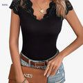 Women's Elegant V-Neck Short Sleeve T-Shirt - Black & Lace Contrast   OAXG 