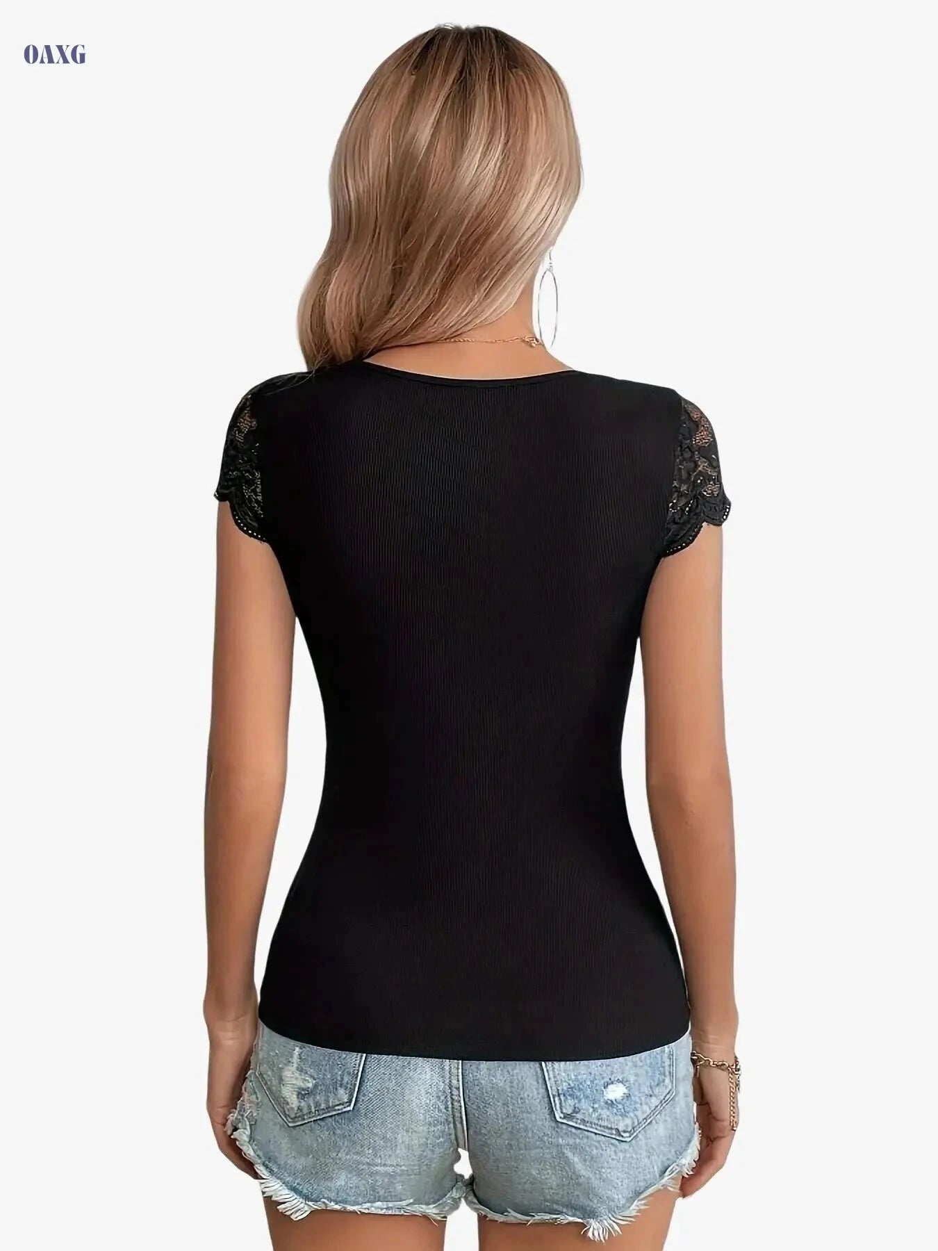 Women's Elegant V-Neck Short Sleeve T-Shirt - Black & Lace Contrast   OAXG 