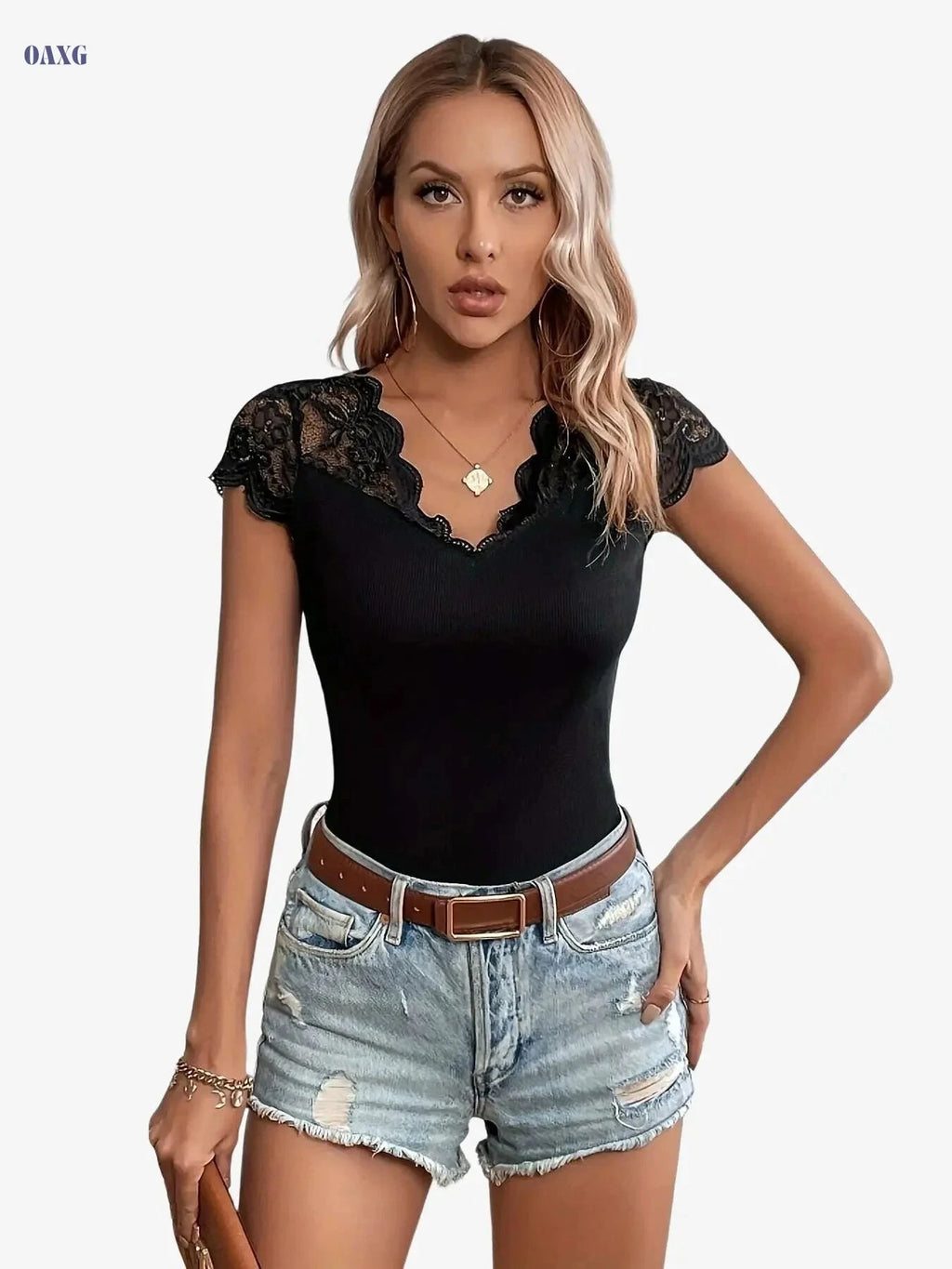 Women's Elegant V-Neck Short Sleeve T-Shirt - Black & Lace Contrast   OAXG Black / S