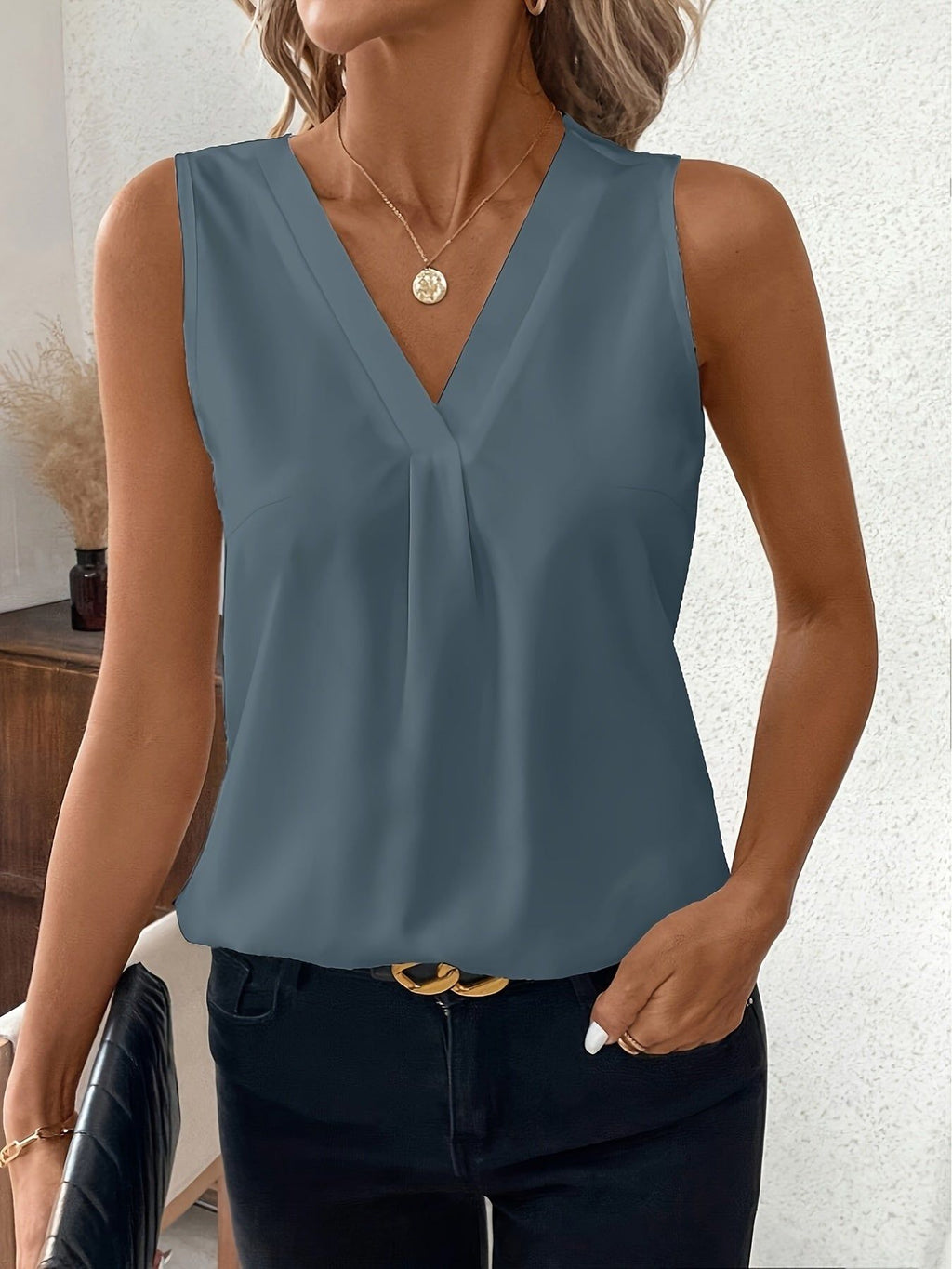 Women's Elegant V-Neck Sleeveless Blouse - 100% Polyester Lightweight 110gsm, Machine Washable Solid Color Versatile Top for Spring Summer Casual & Formal Wear, Spring Fashion Top | Flattering Fit Top | Pullover Style   OAXG White / S