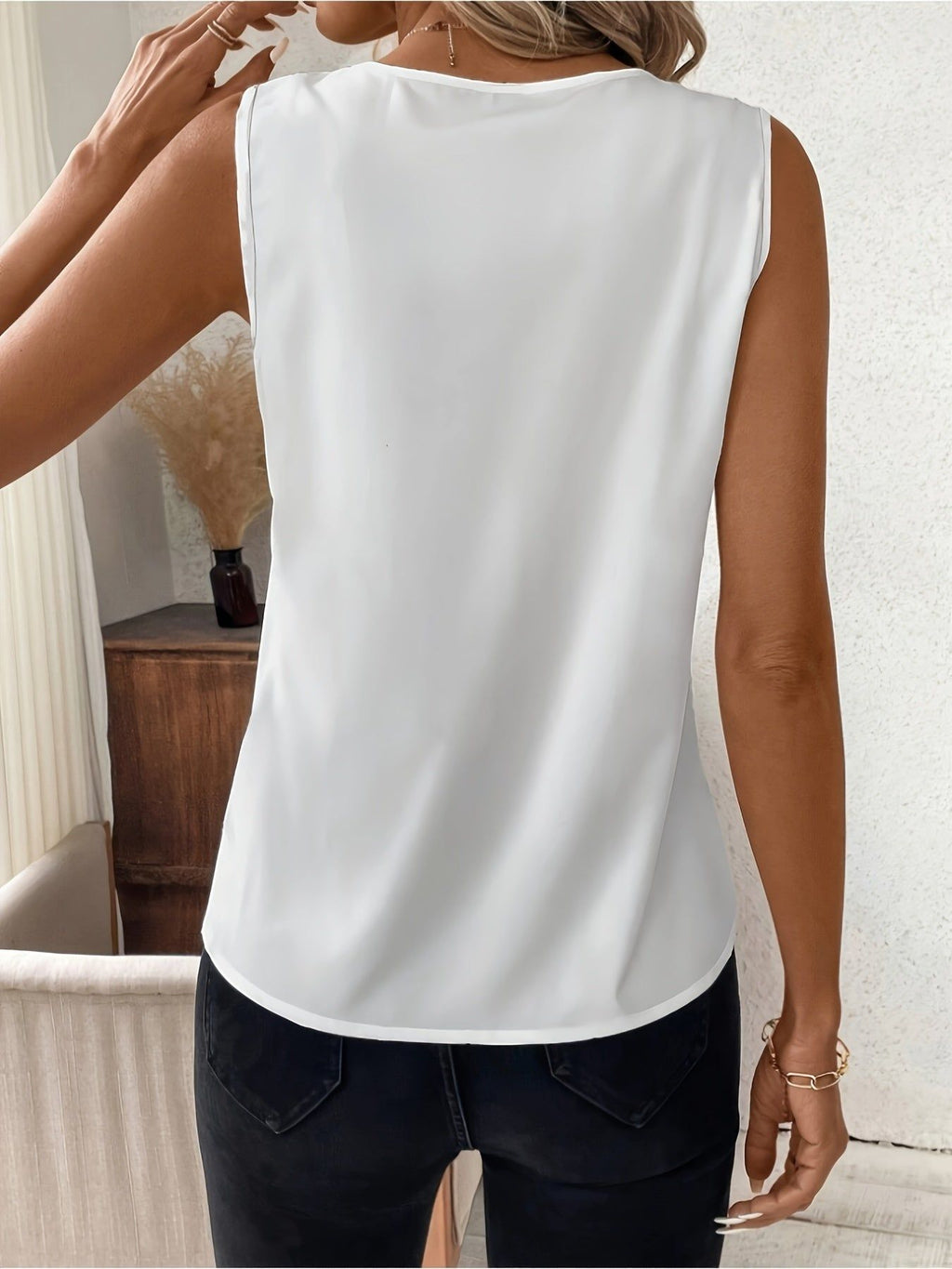 Women's Elegant V-Neck Sleeveless Blouse - 100% Polyester Lightweight 110gsm, Machine Washable Solid Color Versatile Top for Spring Summer Casual & Formal Wear, Spring Fashion Top | Flattering Fit Top | Pullover Style   OAXG White / S
