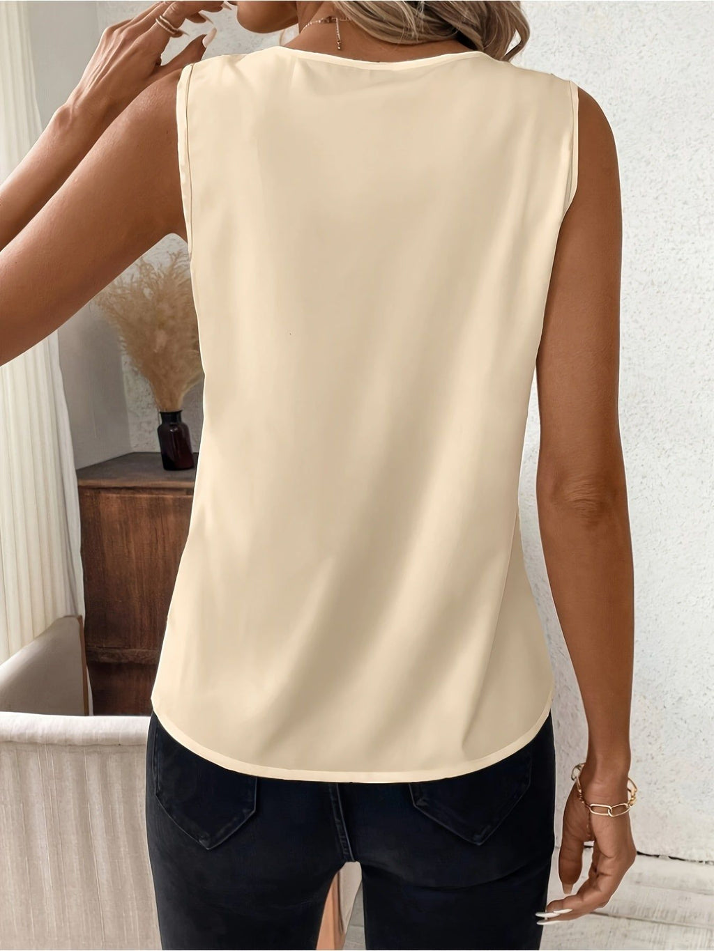 Women's Elegant V-Neck Sleeveless Blouse - 100% Polyester Lightweight 110gsm, Machine Washable Solid Color Versatile Top for Spring Summer Casual & Formal Wear, Spring Fashion Top | Flattering Fit Top | Pullover Style   OAXG White / S