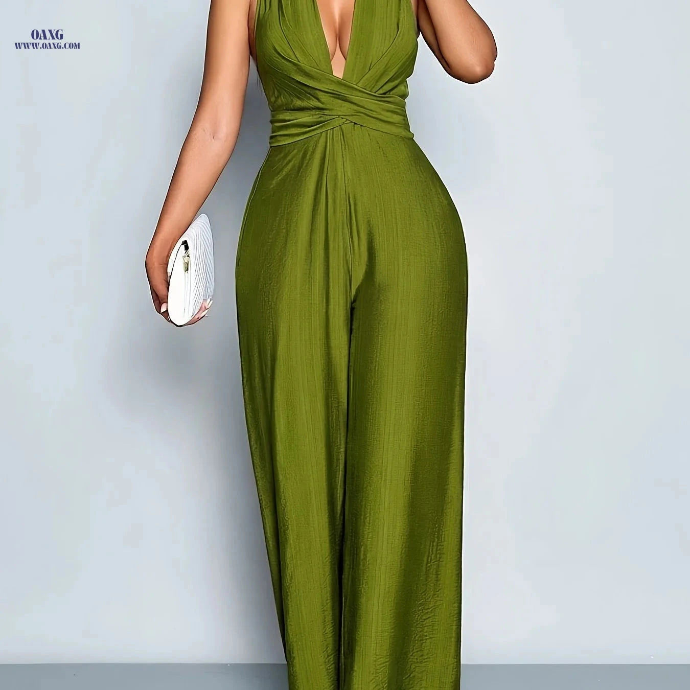 Women's Elegant V-Neck Sleeveless Jumpsuit - Twisted Waist Design   OAXG Army Green / S