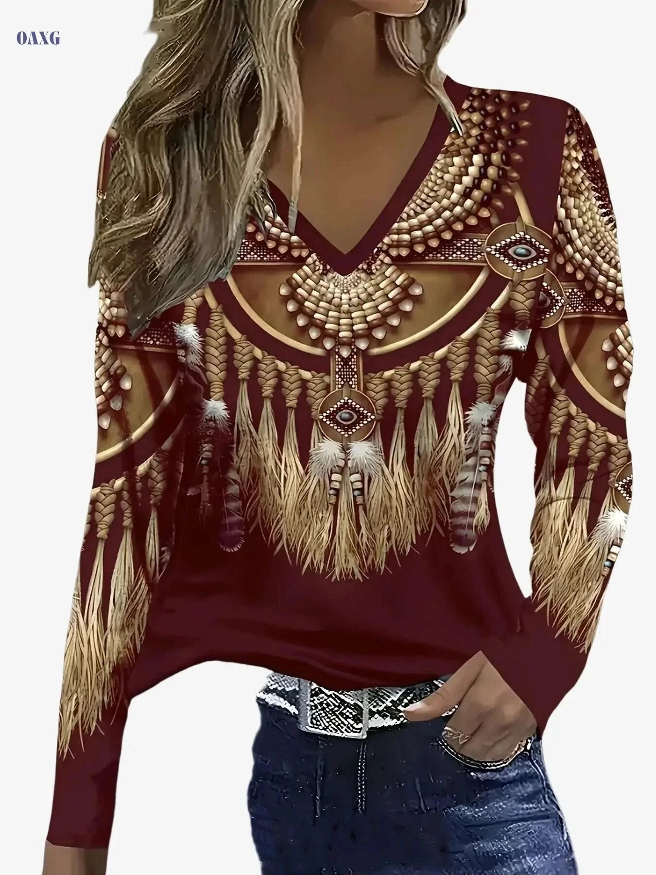 Women's Elegant V-Neck T-Shirt - Ethnic Print, Long Sleeve Style   OAXG 