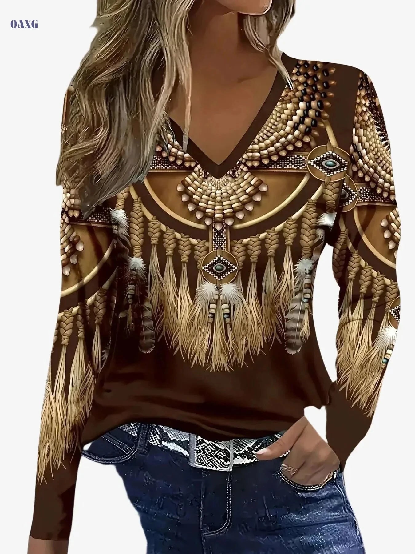 Women's Elegant V-Neck T-Shirt - Ethnic Print, Long Sleeve Style   OAXG Dark Brown / S
