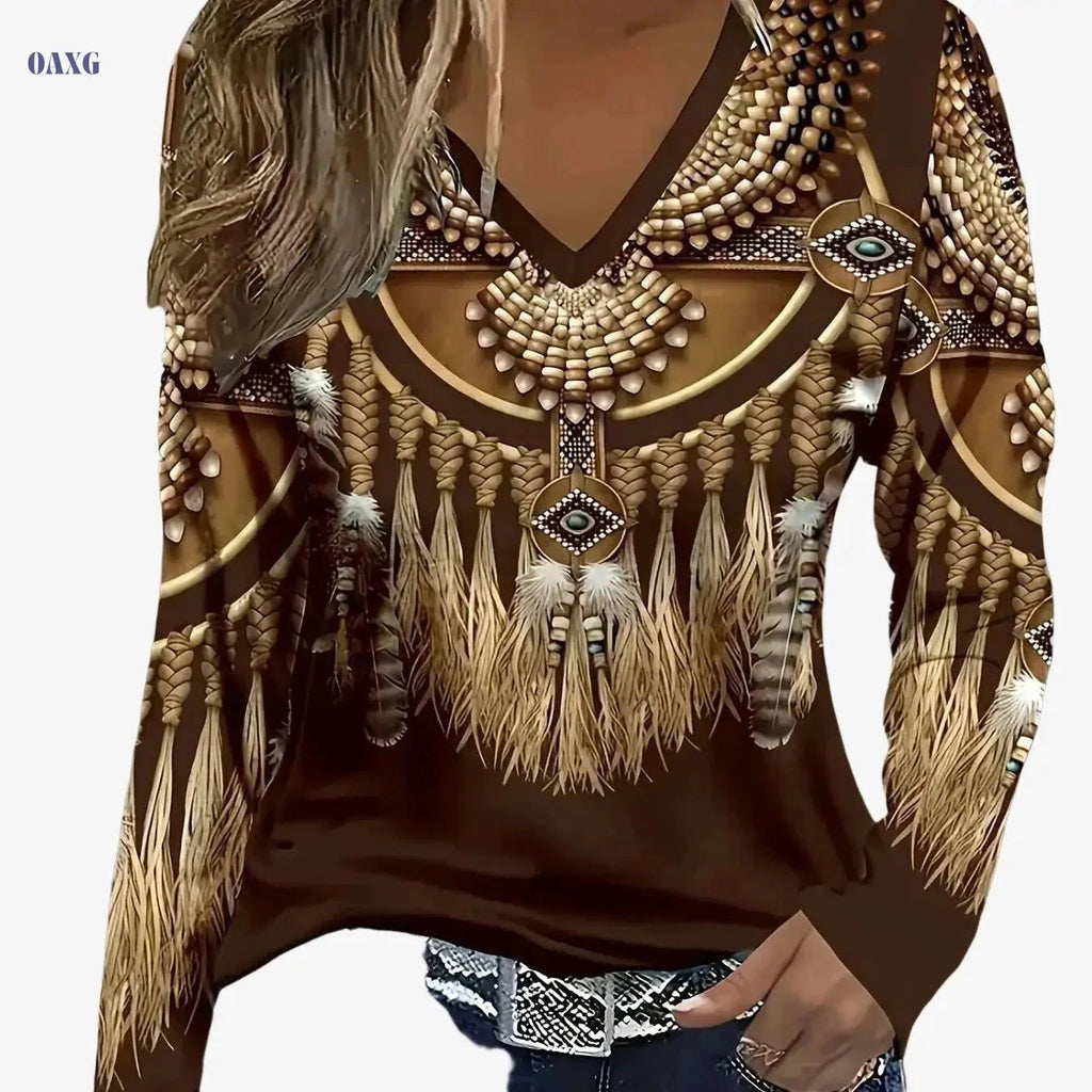 Women's Elegant V-Neck T-Shirt - Ethnic Print, Long Sleeve Style   OAXG Dark Brown / S