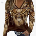 Women's Elegant V-Neck T-Shirt - Ethnic Print, Long Sleeve Style   OAXG Dark Brown / S