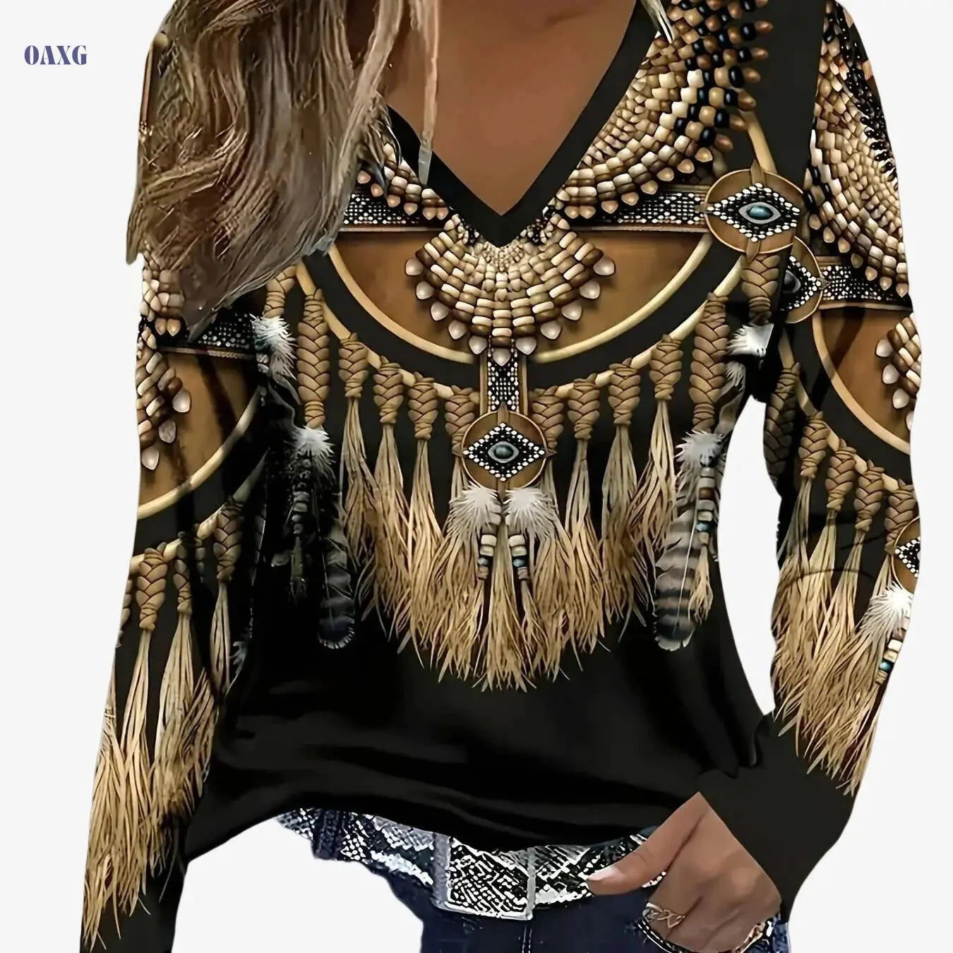 Women's Elegant V-Neck T-Shirt - Ethnic Print, Long Sleeve Style   OAXG Dark Brown / S