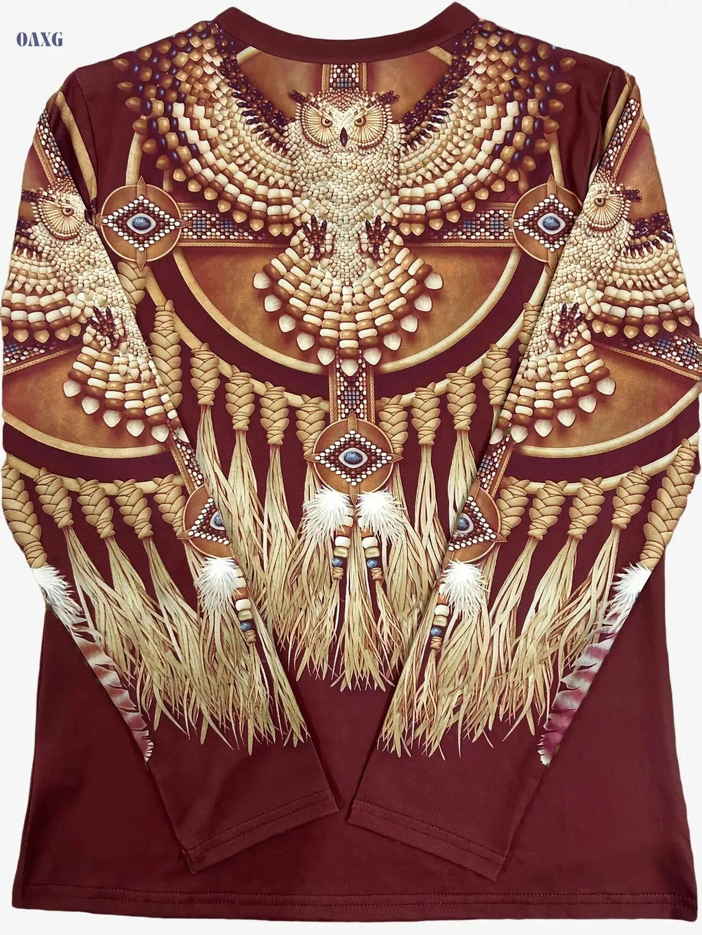 Women's Elegant V-Neck T-Shirt - Ethnic Print, Long Sleeve Style   OAXG Dark Brown / S
