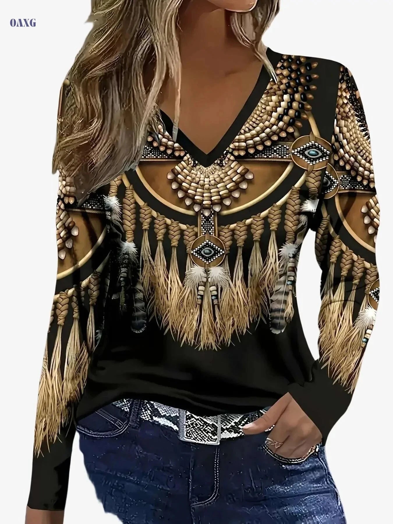 Women's Elegant V-Neck T-Shirt - Ethnic Print, Long Sleeve Style   OAXG Dark Brown / S