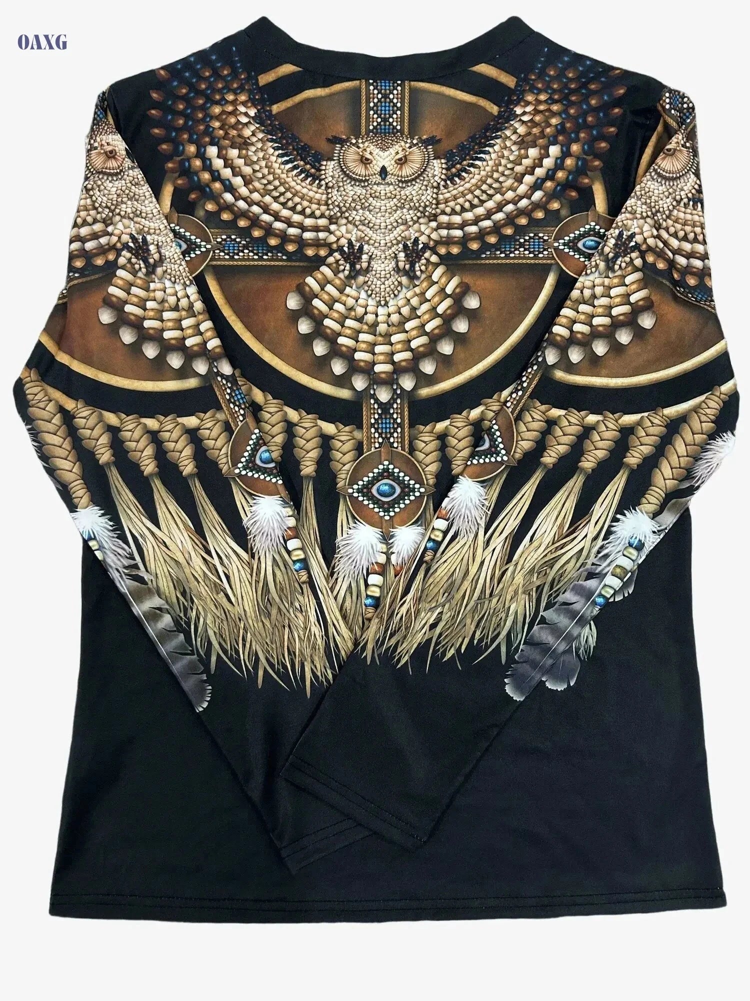 Women's Elegant V-Neck T-Shirt - Ethnic Print, Long Sleeve Style   OAXG Dark Brown / S