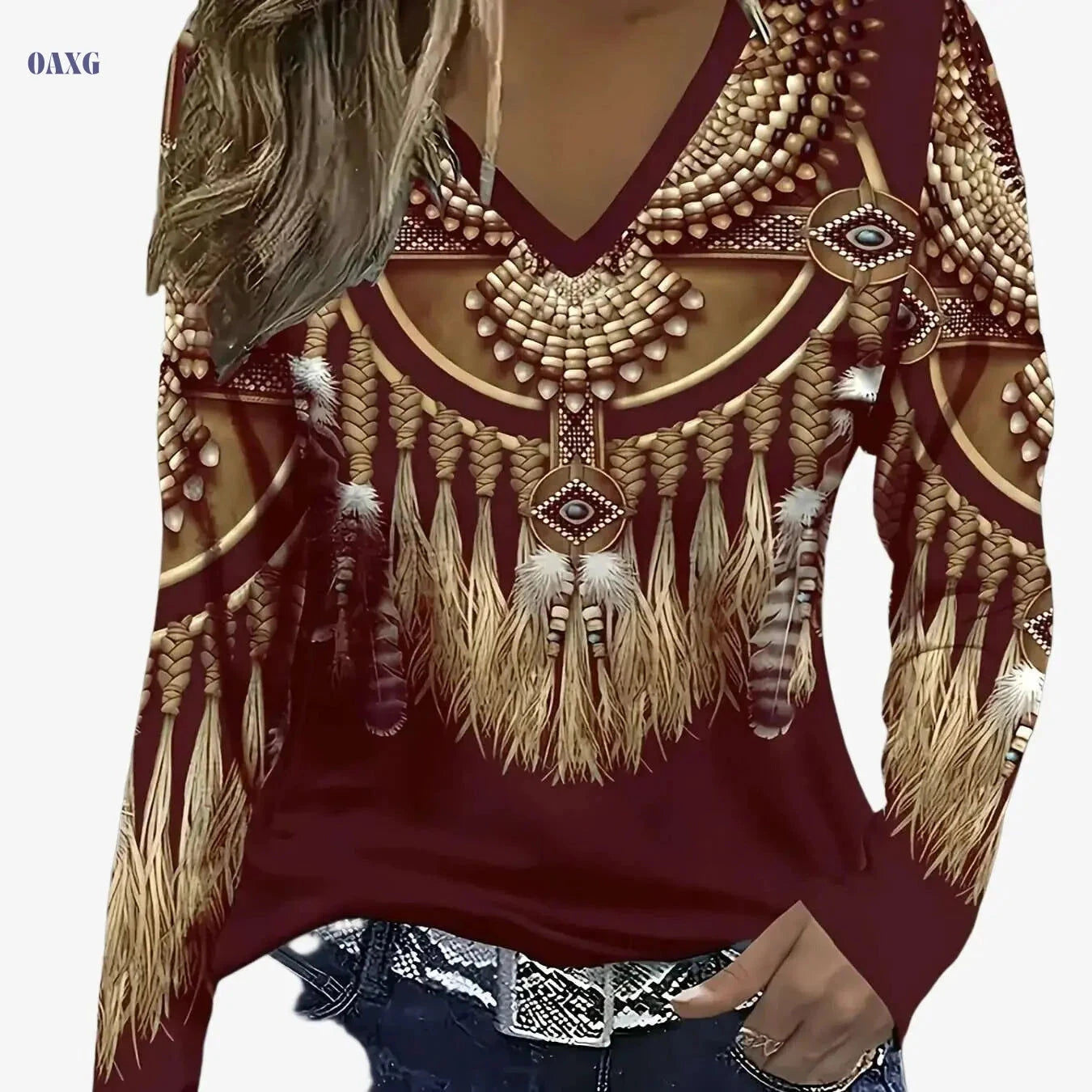 Women's Elegant V-Neck T-Shirt - Ethnic Print, Long Sleeve Style   OAXG 