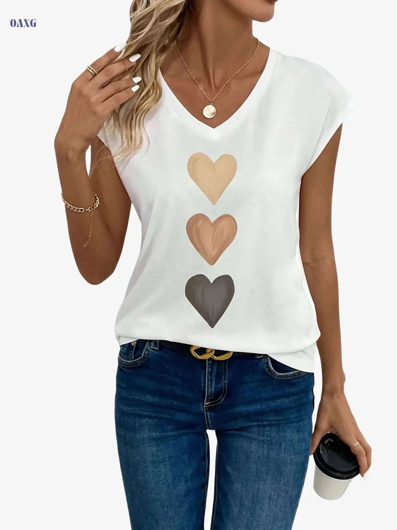 Women's Elegant V-Neck T-Shirt - Geometric Print, Regular Fit   OAXG 