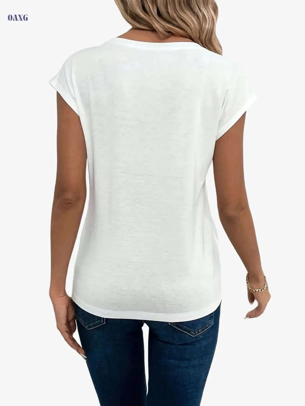 Women's Elegant V-Neck T-Shirt - Geometric Print, Regular Fit   OAXG White / S
