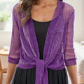 Women's Elegant V-Neck Tie-Front Cropped High-Stretch Silvery Mesh Top, Dress Overlay Shawl, Half-Sleeve Open-Front Sweater   OAXG Dark Violet / S