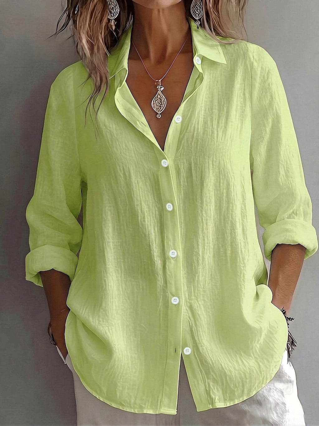 Women's Elegant Vacation Style V-Neck Top, Loose and Relaxed Linen Textured Shirt, Commuting, Casual, and Artistic Style, and Figure-Flattering for Daily Wear, Loose and Draping, Breathable, Comfortable, and Relaxed Style Shirt   OAXG Green / S