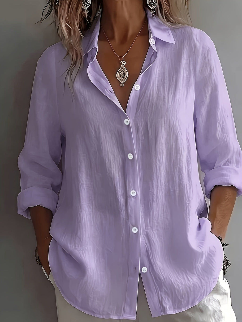Women's Elegant Vacation Style V-Neck Top, Loose and Relaxed Linen Textured Shirt, Commuting, Casual, and Artistic Style, and Figure-Flattering for Daily Wear, Loose and Draping, Breathable, Comfortable, and Relaxed Style Shirt   OAXG Green / S