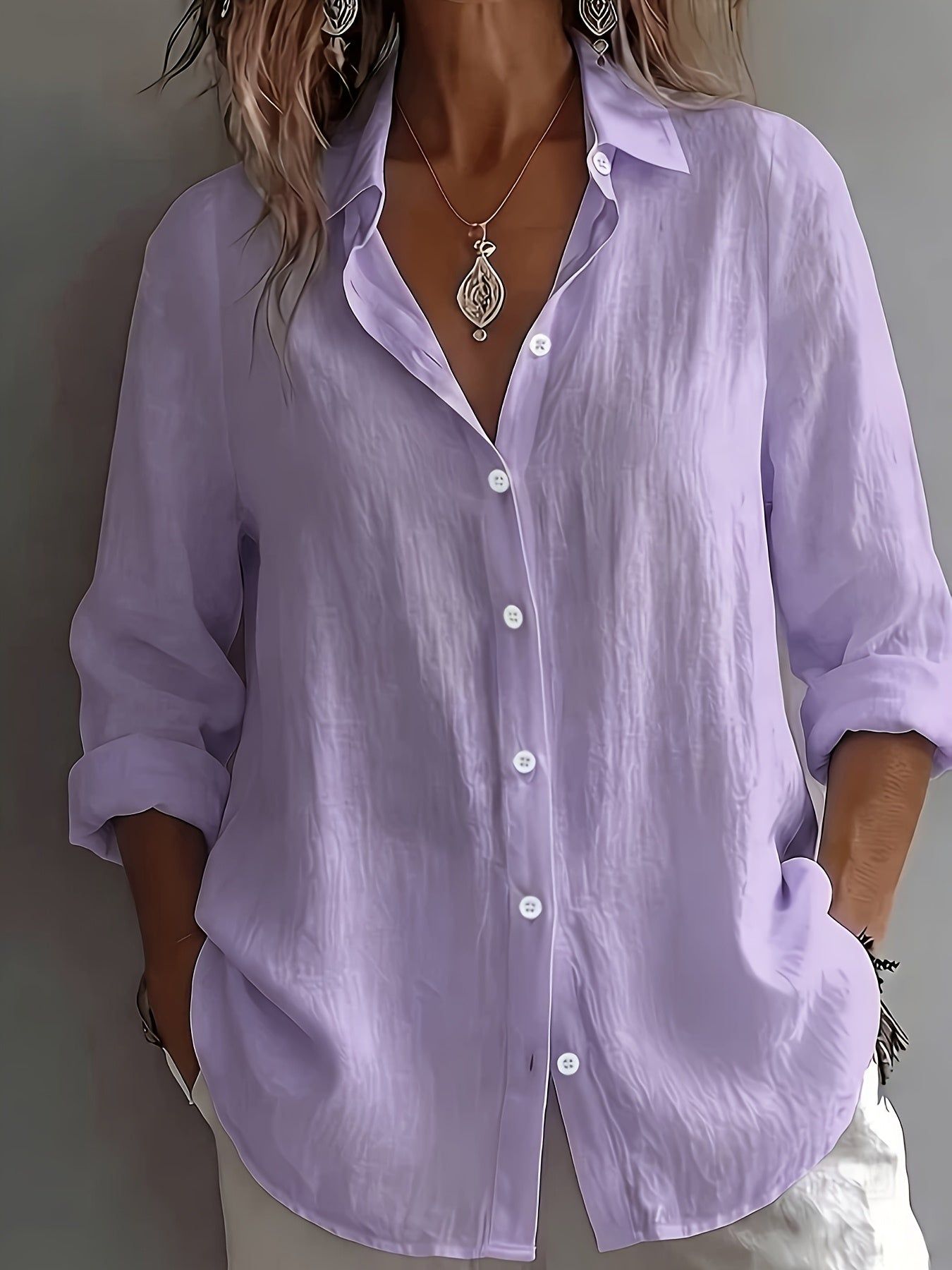 Women's Elegant Vacation Style V-Neck Top, Loose and Relaxed Linen Textured Shirt, Commuting, Casual, and Artistic Style, and Figure-Flattering for Daily Wear, Loose and Draping, Breathable, Comfortable, and Relaxed Style Shirt   OAXG Green / S