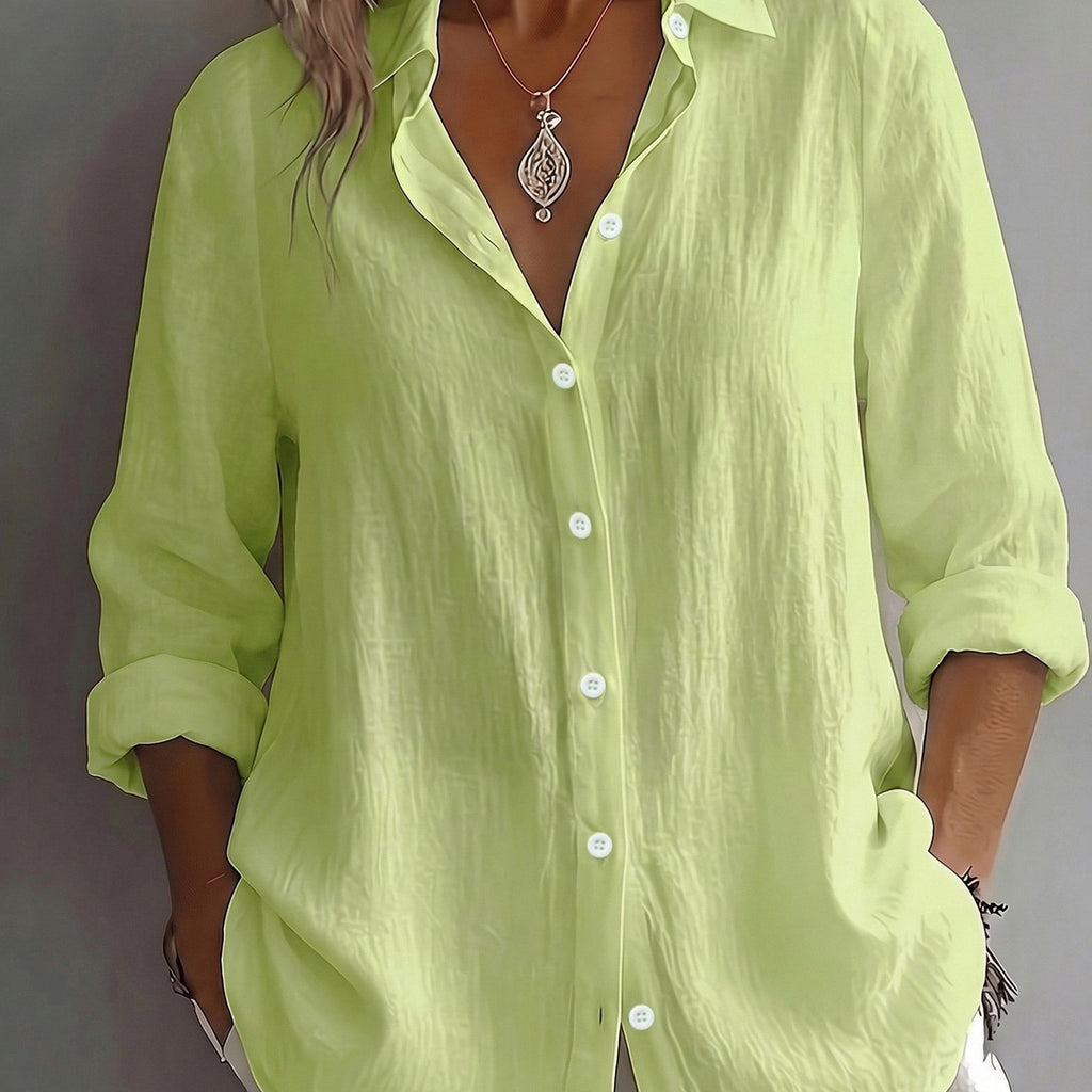 Women's Elegant Vacation Style V-Neck Top, Loose and Relaxed Linen Textured Shirt, Commuting, Casual, and Artistic Style, and Figure-Flattering for Daily Wear, Loose and Draping, Breathable, Comfortable, and Relaxed Style Shirt   OAXG Green / S