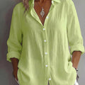 Women's Elegant Vacation Style V-Neck Top, Loose and Relaxed Linen Textured Shirt, Commuting, Casual, and Artistic Style, and Figure-Flattering for Daily Wear, Loose and Draping, Breathable, Comfortable, and Relaxed Style Shirt   OAXG Green / S