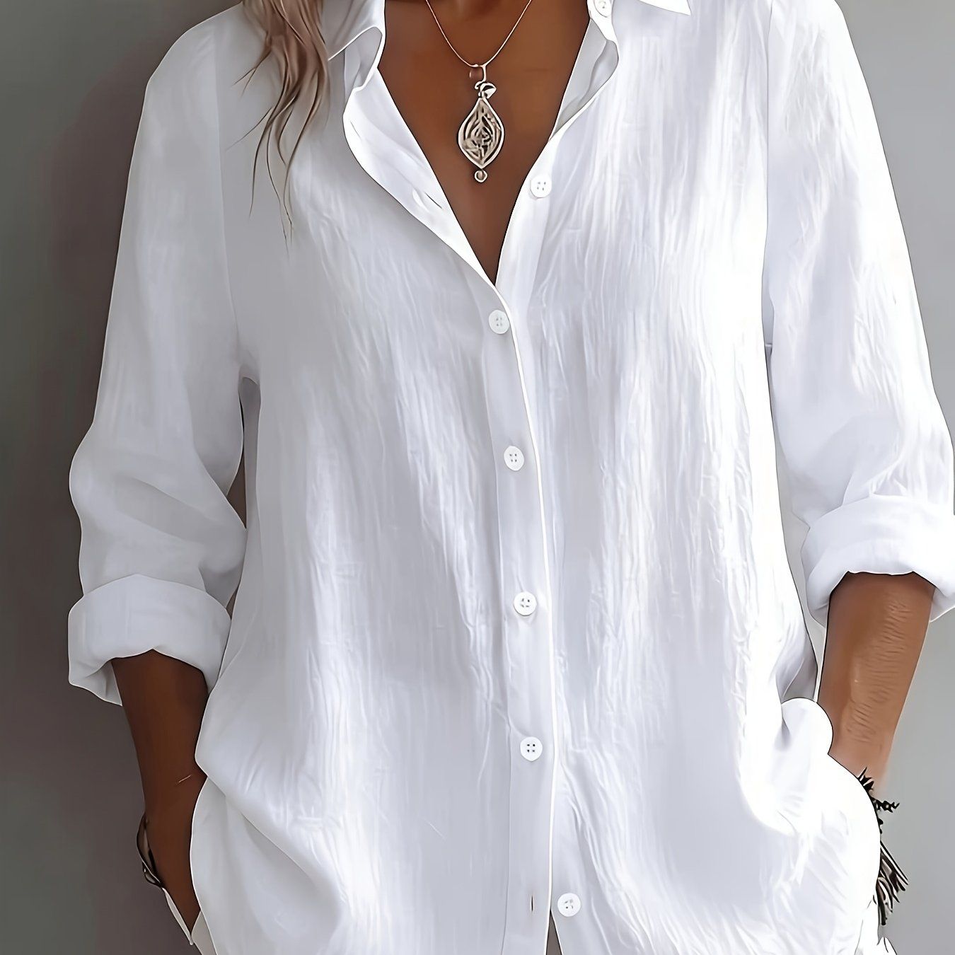 Women's Elegant Vacation Style V-Neck Top, Loose and Relaxed Linen Textured Shirt, Commuting, Casual, and Artistic Style, and Figure-Flattering for Daily Wear, Loose and Draping, Breathable, Comfortable, and Relaxed Style Shirt   OAXG Green / S