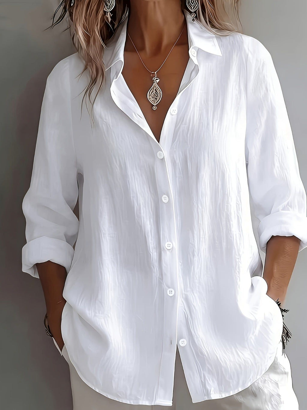 Women's Elegant Vacation Style V-Neck Top, Loose and Relaxed Linen Textured Shirt, Commuting, Casual, and Artistic Style, and Figure-Flattering for Daily Wear, Loose and Draping, Breathable, Comfortable, and Relaxed Style Shirt   OAXG Green / S