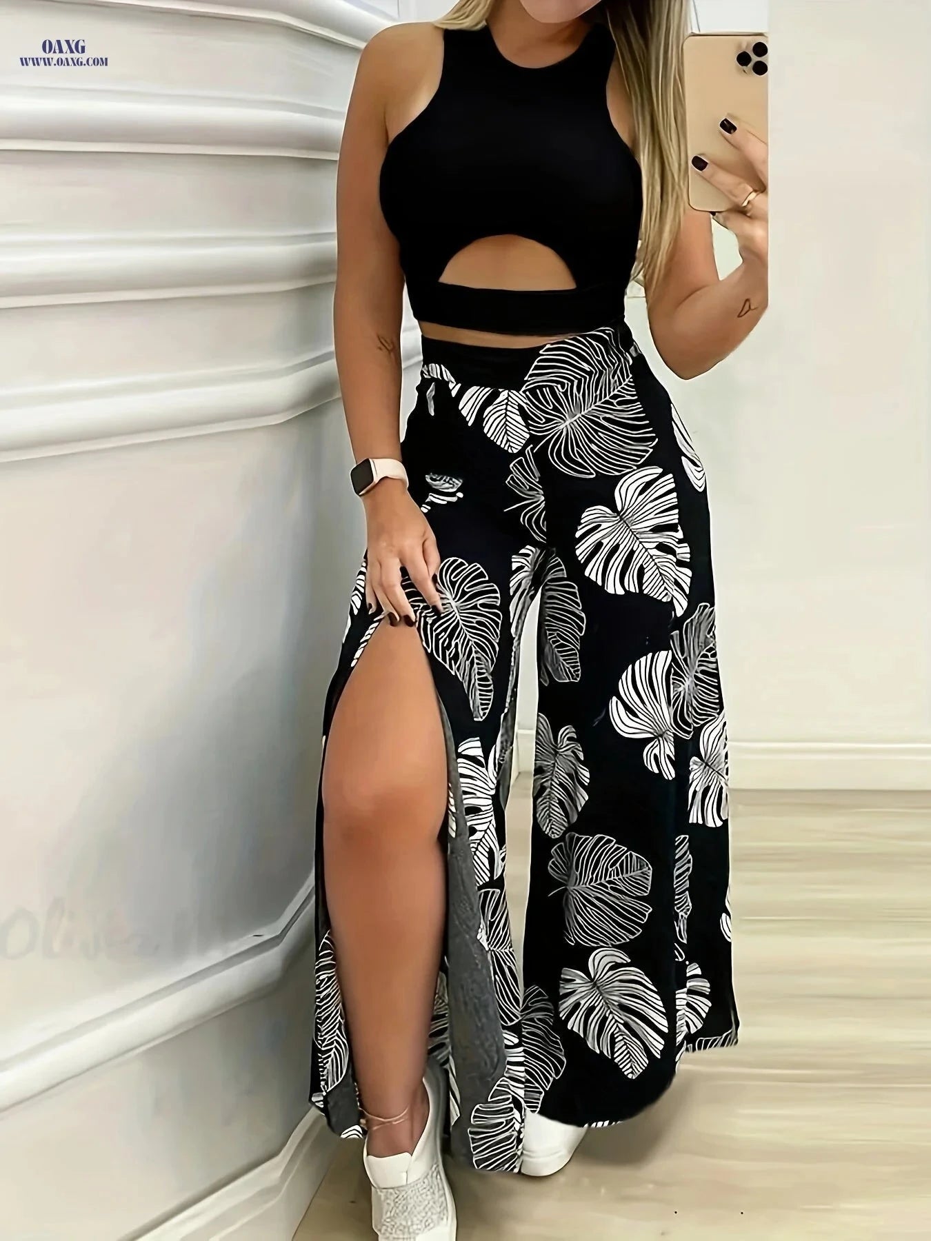 Women's Elegant Vest & Tropical Printed Slit Pants Set - 95% Polyester   OAXG 