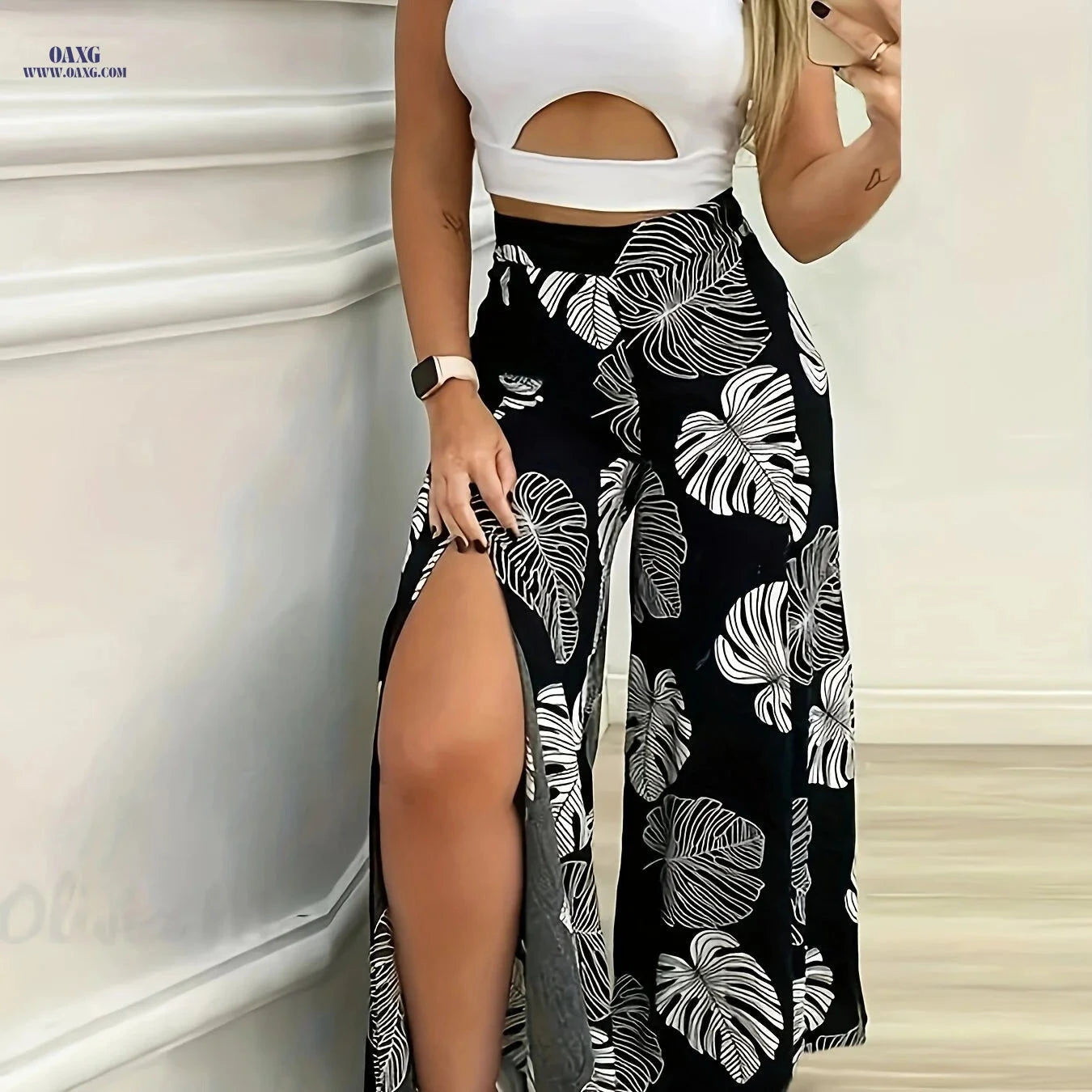 Women's Elegant Vest & Tropical Printed Slit Pants Set - 95% Polyester   OAXG 