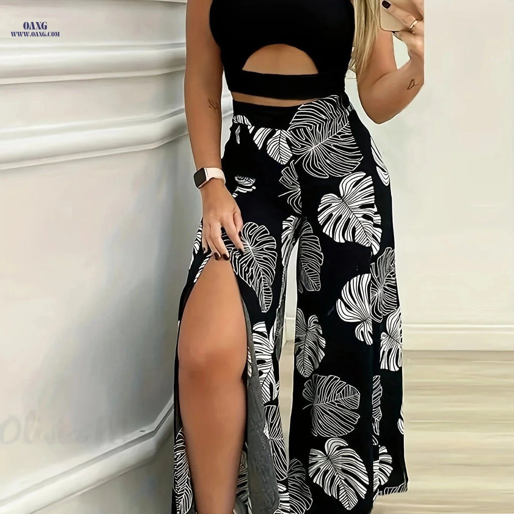Women's Elegant Vest & Tropical Printed Slit Pants Set - 95% Polyester   OAXG Black / S