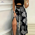 Women's Elegant Vest & Tropical Printed Slit Pants Set - 95% Polyester   OAXG Black / S