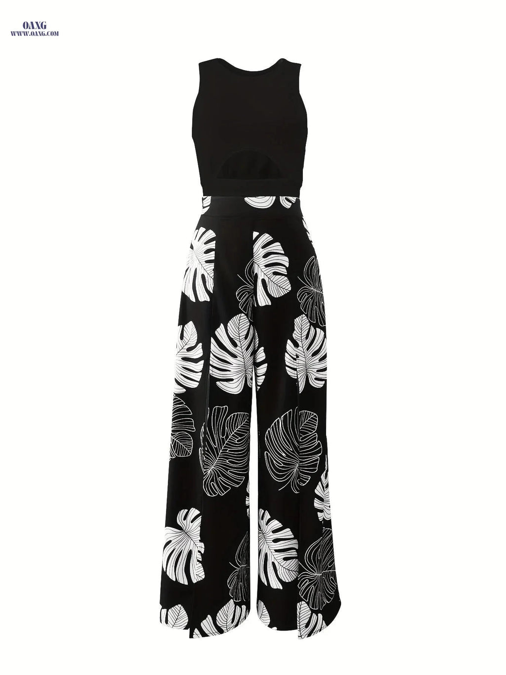 Women's Elegant Vest & Tropical Printed Slit Pants Set - 95% Polyester   OAXG Black / S