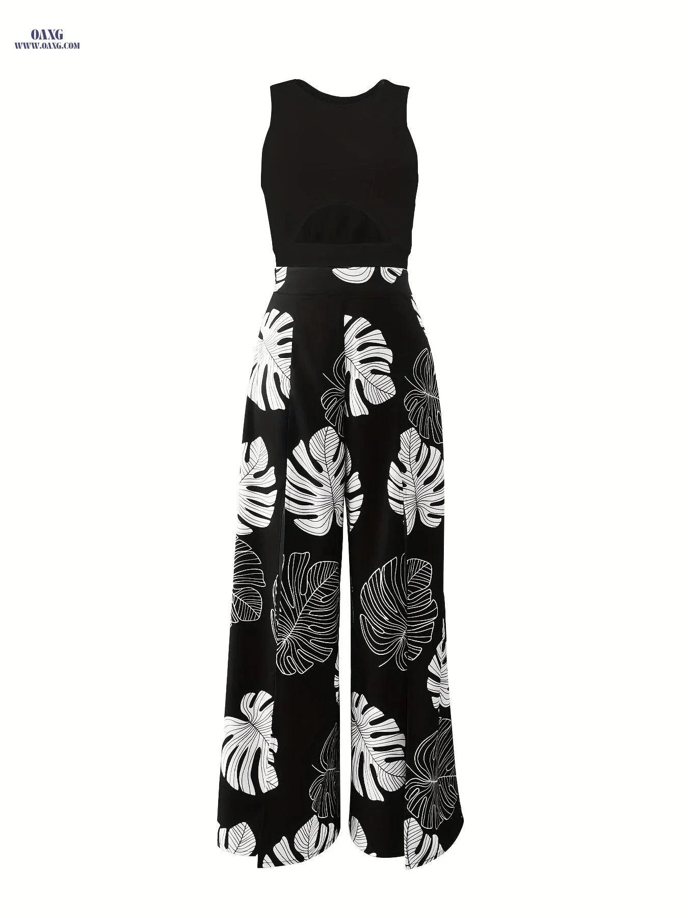 Women's Elegant Vest & Tropical Printed Slit Pants Set - 95% Polyester   OAXG Black / S