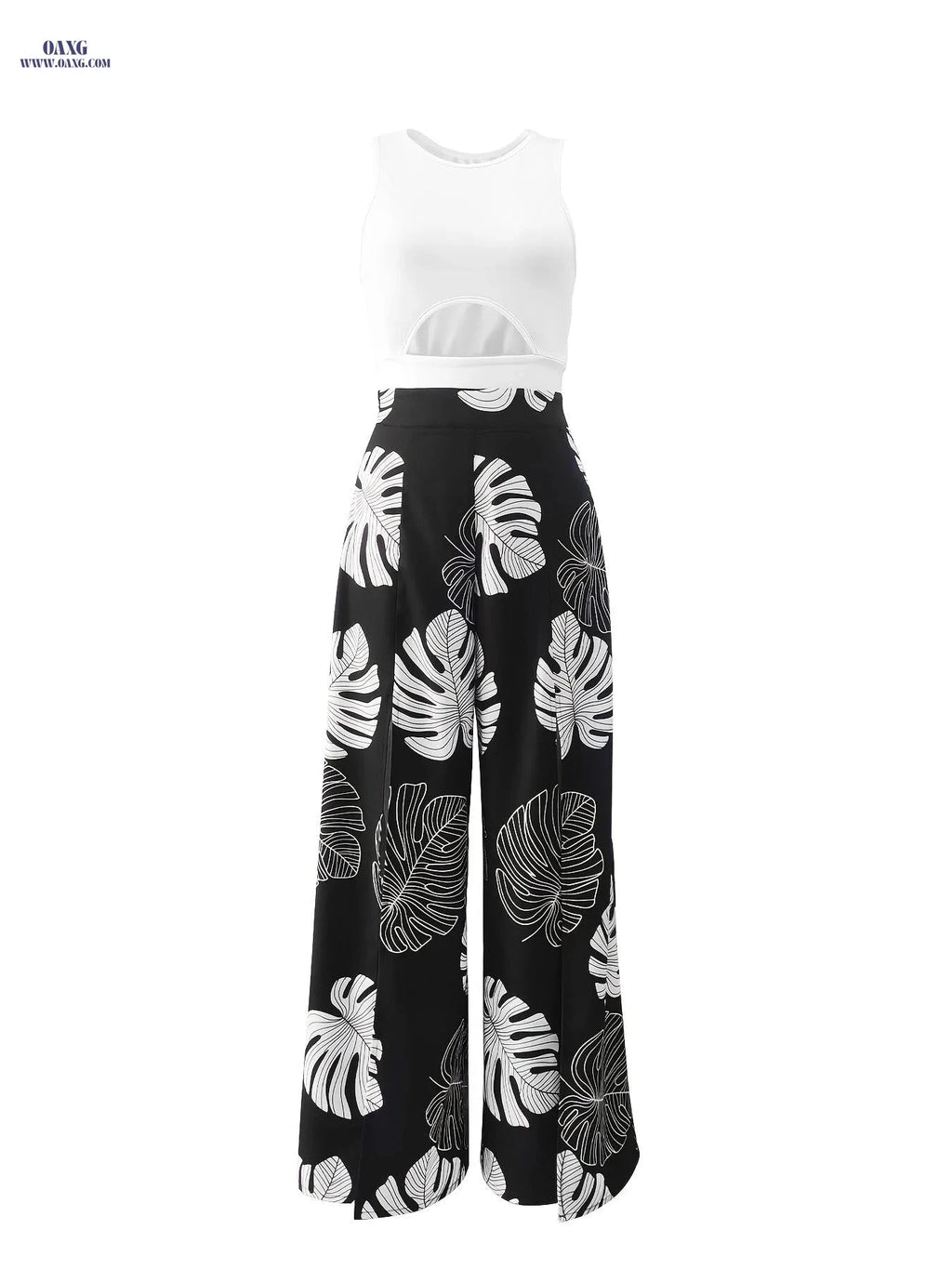 Women's Elegant Vest & Tropical Printed Slit Pants Set - 95% Polyester   OAXG Black / S