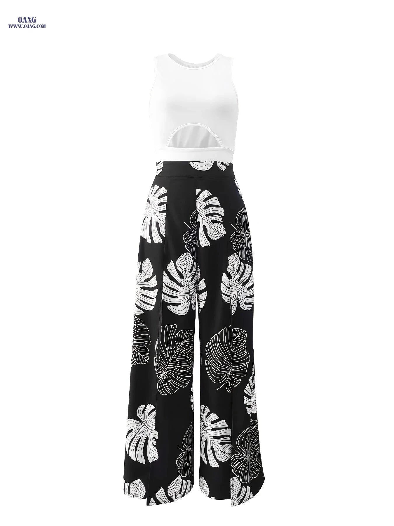 Women's Elegant Vest & Tropical Printed Slit Pants Set - 95% Polyester   OAXG Black / S