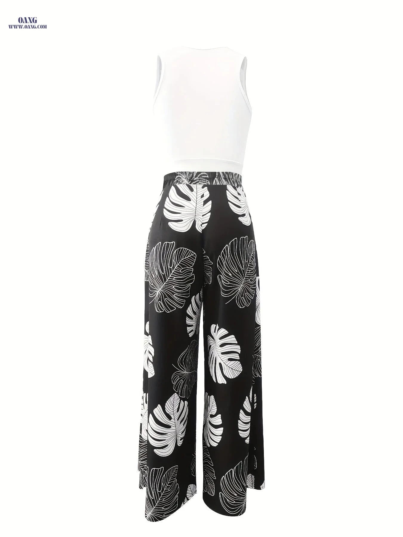 Women's Elegant Vest & Tropical Printed Slit Pants Set - 95% Polyester   OAXG Black / S