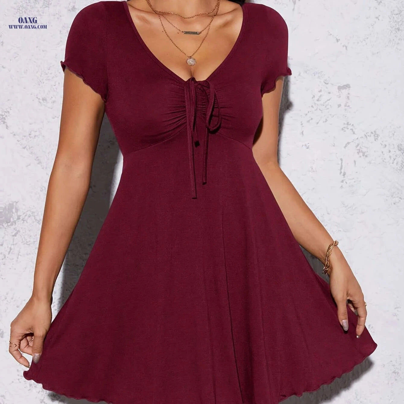 Women's Elegant Waist-Fitted Summer Dress - Perfect for Any Occasion   OAXG Claret / S