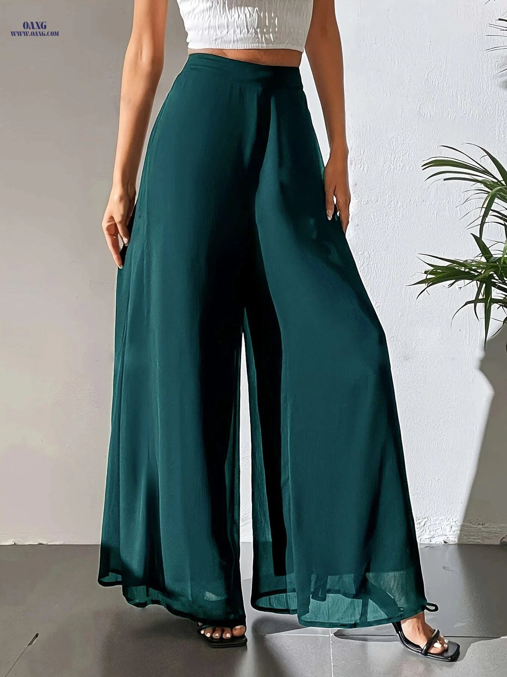 Women's Elegant Wide Leg Pants - Breathable, All Seasons, Elastic Waist   OAXG 