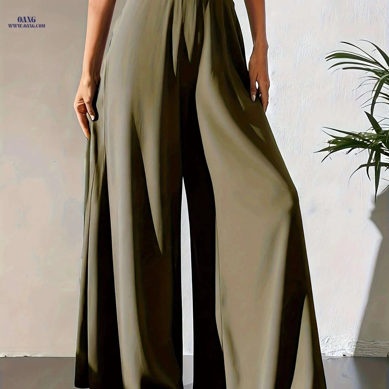 Women's Elegant Wide Leg Pants - Breathable, All Seasons, Elastic Waist   OAXG 